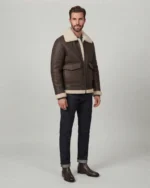 Men’s Dark Brown Shearling Jacket with Cream Fur Collar