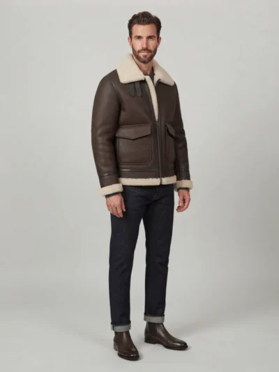 Men’s Dark Brown Shearling Jacket with Cream Fur Collar