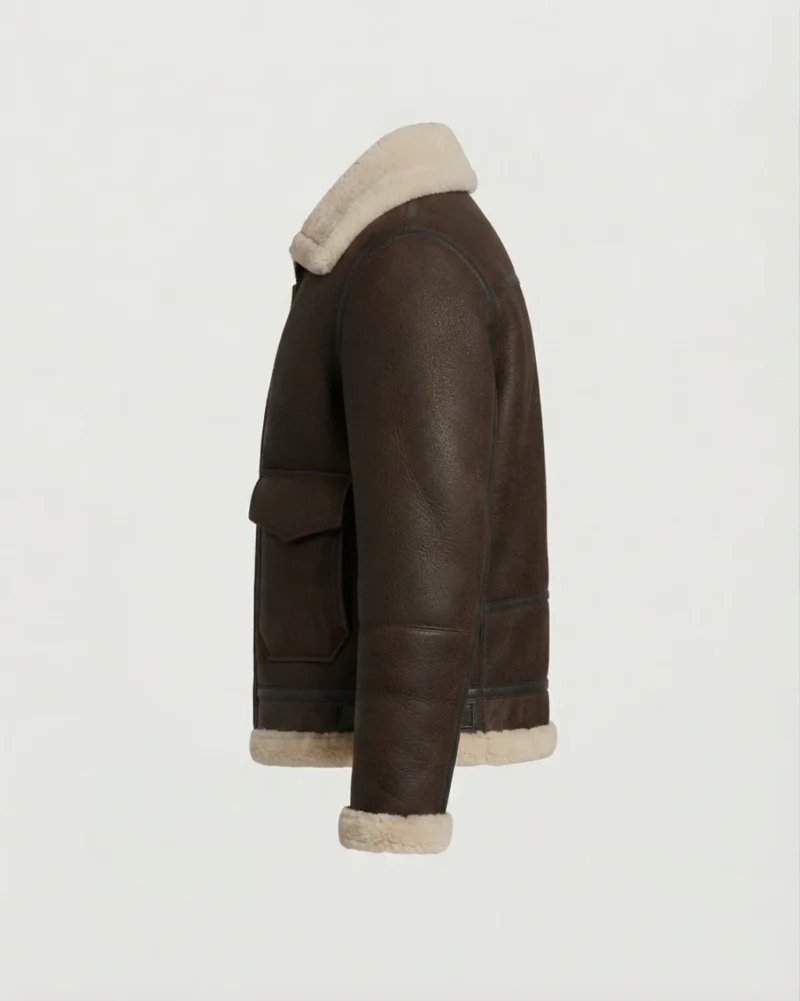 Men’s Dark Brown Shearling Jacket with Cream Fur Collar - Image 4
