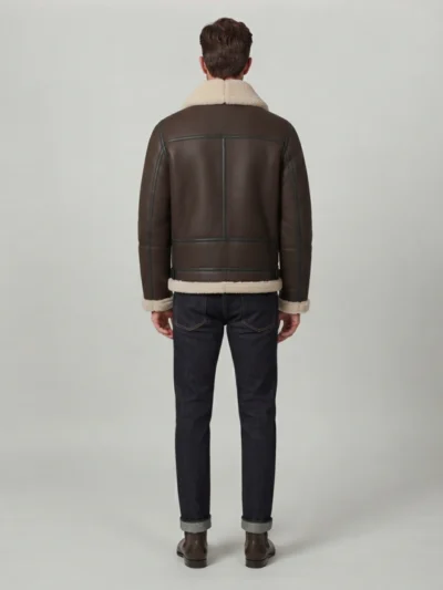 Men’s Dark Brown Shearling Jacket with Cream Fur Collar back
