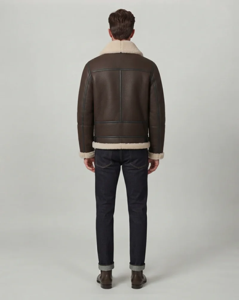 Men’s Dark Brown Shearling Jacket with Cream Fur Collar back