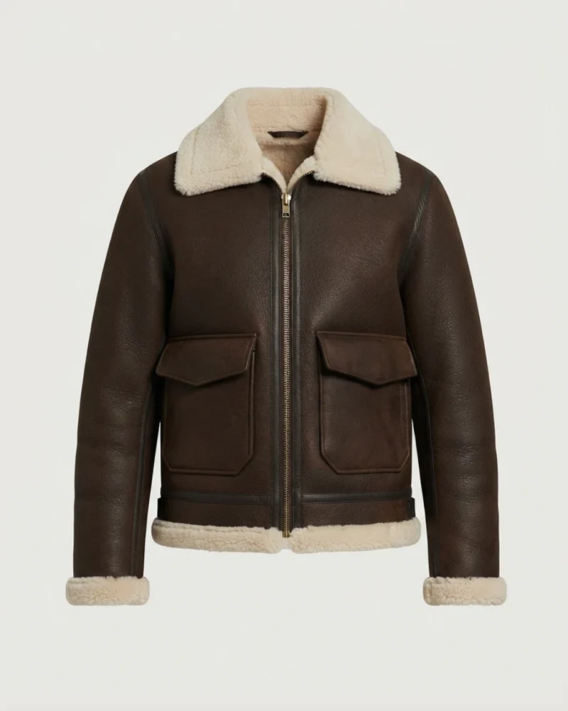 Men’s Dark Brown Shearling Jacket with Cream Fur Collar front