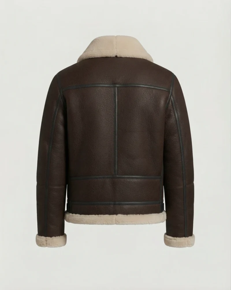 Men’s Dark Brown Shearling Jacket with Cream Fur Collar - Image 5