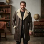 Men’s Dark Brown Shearling Leather Long Coat with Fur Collar