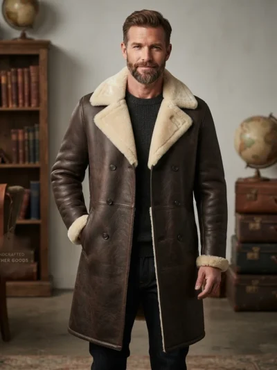 Men’s Dark Brown Shearling Leather Long Coat with Fur Collar