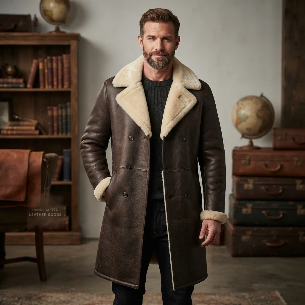 Men’s Dark Brown Shearling Leather Long Coat With Fur Collar (1) Men’s Dark Brown Shearling Leather Long Coat with Fur Collar