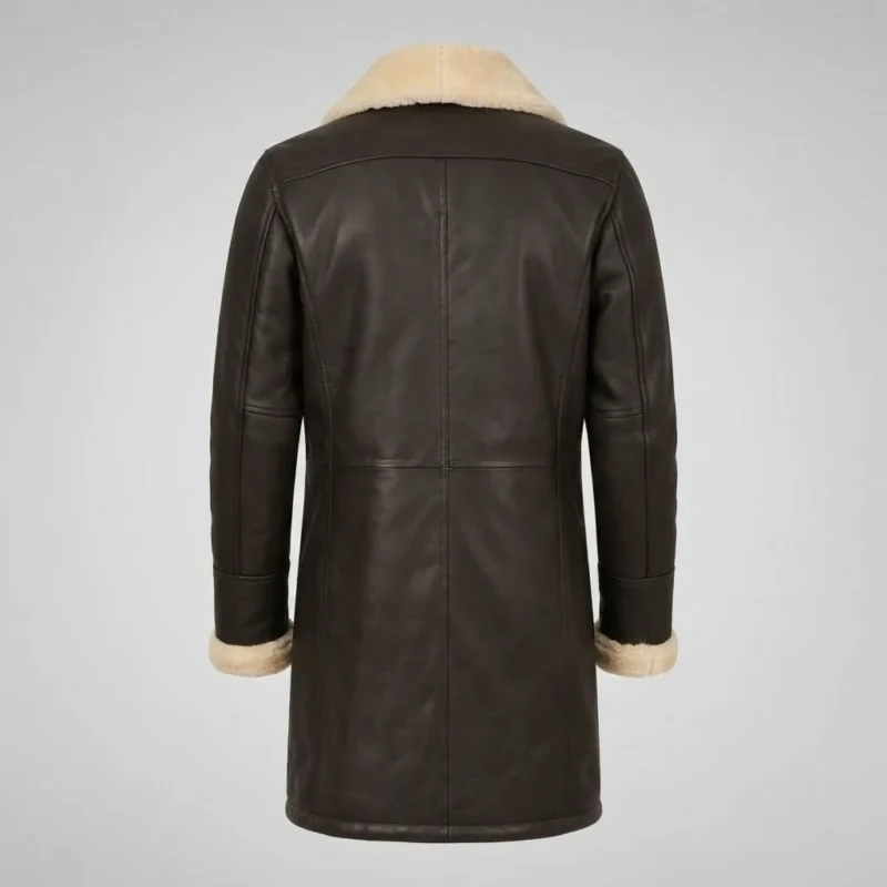 Men’s Dark Brown Shearling Leather Long Coat with Fur Collar back