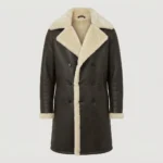 Men’s Dark Brown Shearling Leather Long Coat with Fur Collar