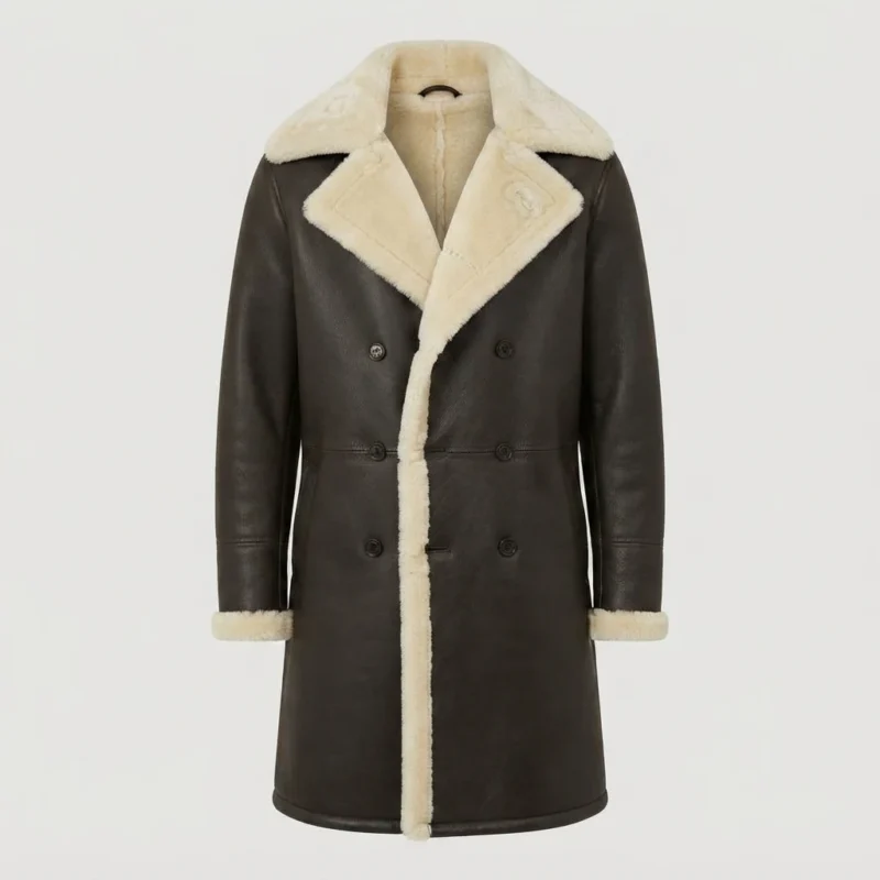 Men’s Dark Brown Shearling Leather Long Coat with Fur Collar