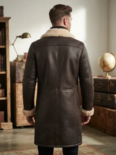 Men’s Dark Brown Shearling Leather Long Coat with Fur Collar back