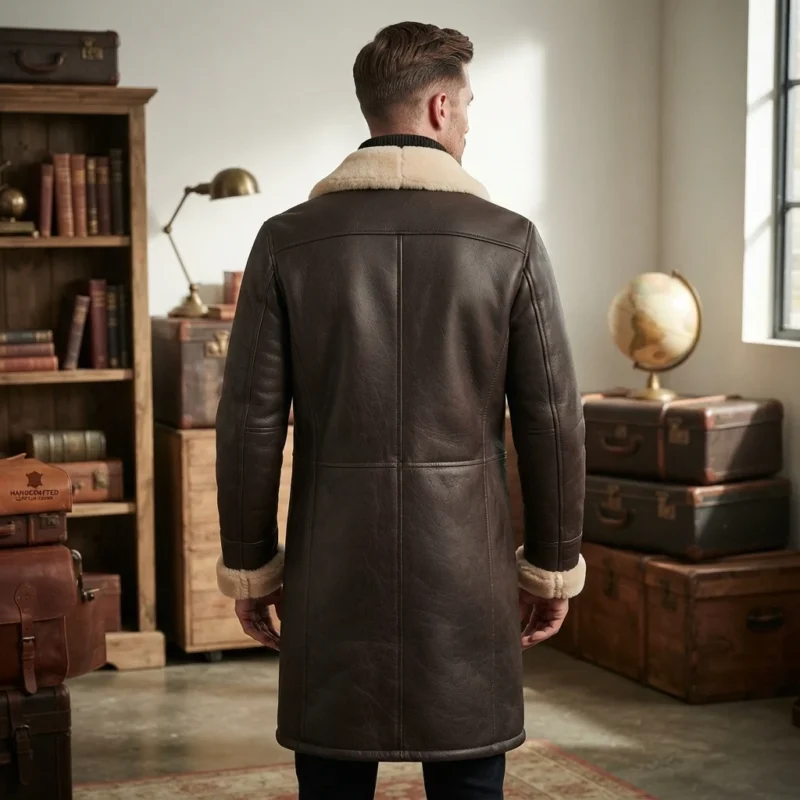 Men’s Dark Brown Shearling Leather Long Coat with Fur Collar back