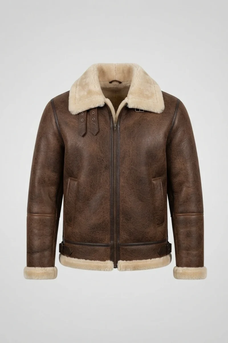 Mens Distressed Brown Genuine Shearling B3 Flight Jacket front