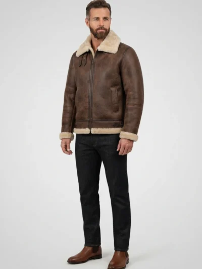 Mens Distressed Brown Genuine Shearling B3 Flight Jacket front 2