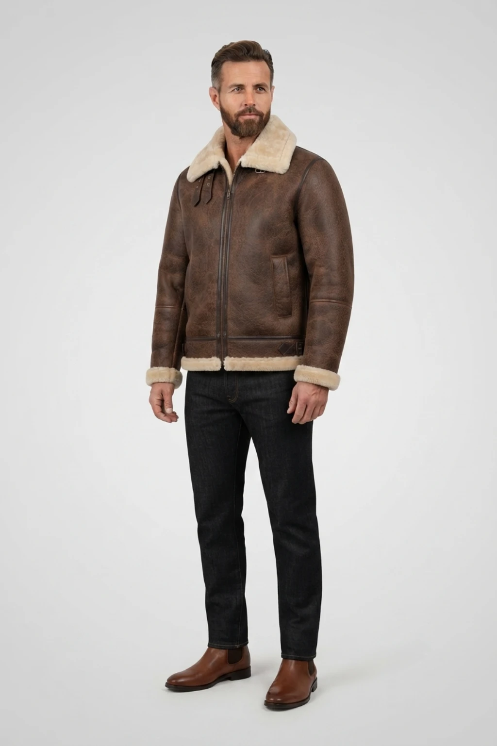Mens Distressed Brown Genuine Shearling B3 Flight Jacket (3) Mens Distressed Brown Genuine Shearling B3 Flight Jacket front 2