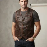 Mens Distressed Brown Leather Utility Vest