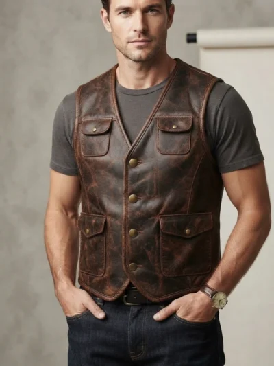 Mens Distressed Brown Leather Utility Vest