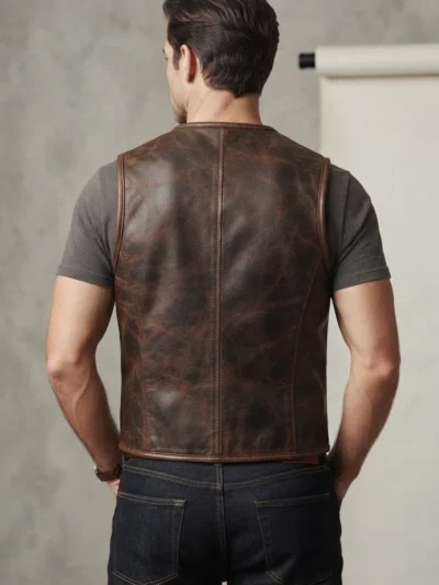 Mens Distressed Brown Leather Utility Vest back