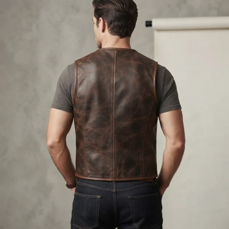 Mens Distressed Brown Leather Utility Vest back