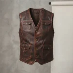 Mens Distressed Brown Leather Utility Vest front