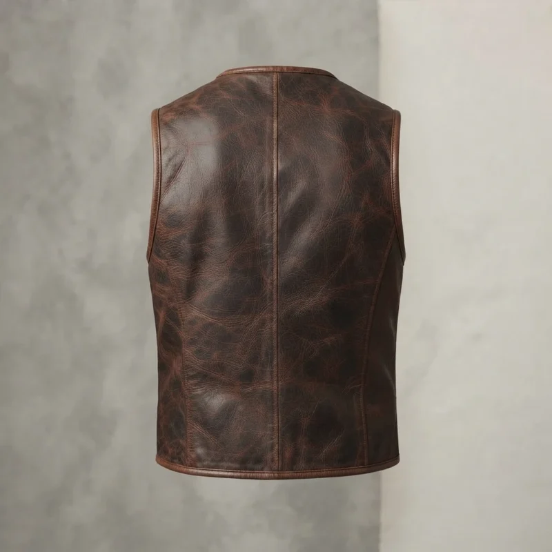 Mens Distressed Brown Leather Utility Vest backside