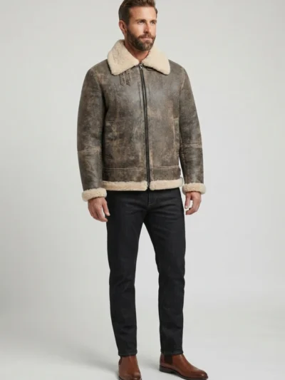 Mens Distressed Genuine Shearling Aviator Flight Jacket