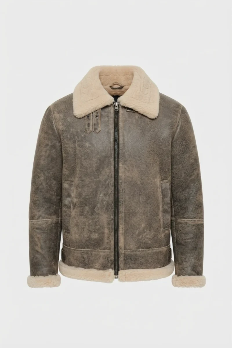 Mens Distressed Genuine Shearling Aviator Flight Jacket front