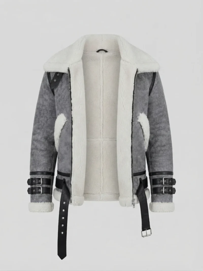 Men’s Grey Shearling Aviator Jacket with Belted Cuffs