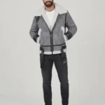 Men’s Grey Shearling Aviator Jacket with Belted Cuffs