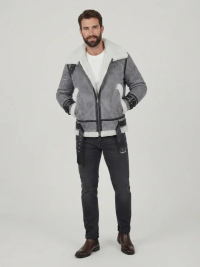 Men’s Grey Shearling Aviator Jacket with Belted Cuffs