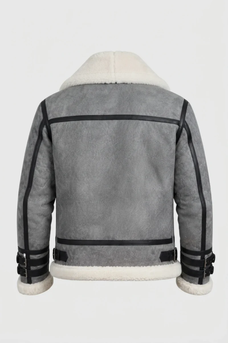 Men’s Grey Shearling Aviator Jacket with Belted Cuffs back