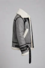 Men’s Grey Shearling Aviator Jacket with Belted Cuffs - Image 6
