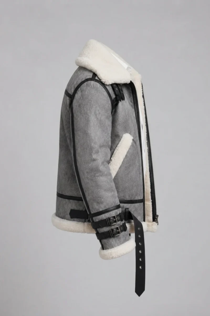 Men’s Grey Shearling Aviator Jacket with Belted Cuffs - Image 6