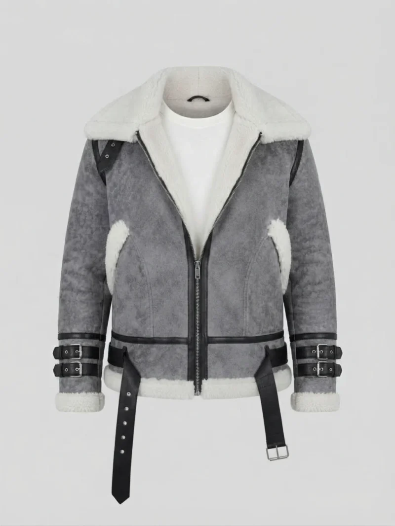 Men’s Grey Shearling Aviator Jacket with Belted Cuffs front