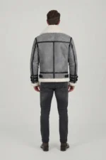 Men’s Grey Shearling Aviator Jacket with Belted Cuffs - Image 2
