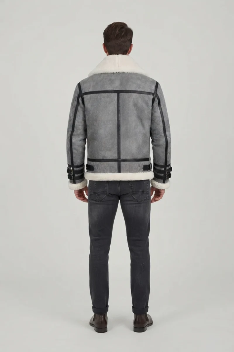 Men’s Grey Shearling Aviator Jacket with Belted Cuffs - Image 2