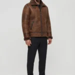Mens Tan Brown Genuine Shearling Aviator Leather Jacket