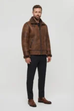Mens Tan Brown Genuine Shearling Aviator Leather Jacket
