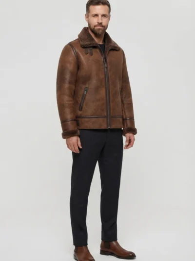 Mens Tan Brown Genuine Shearling Aviator Leather Jacket
