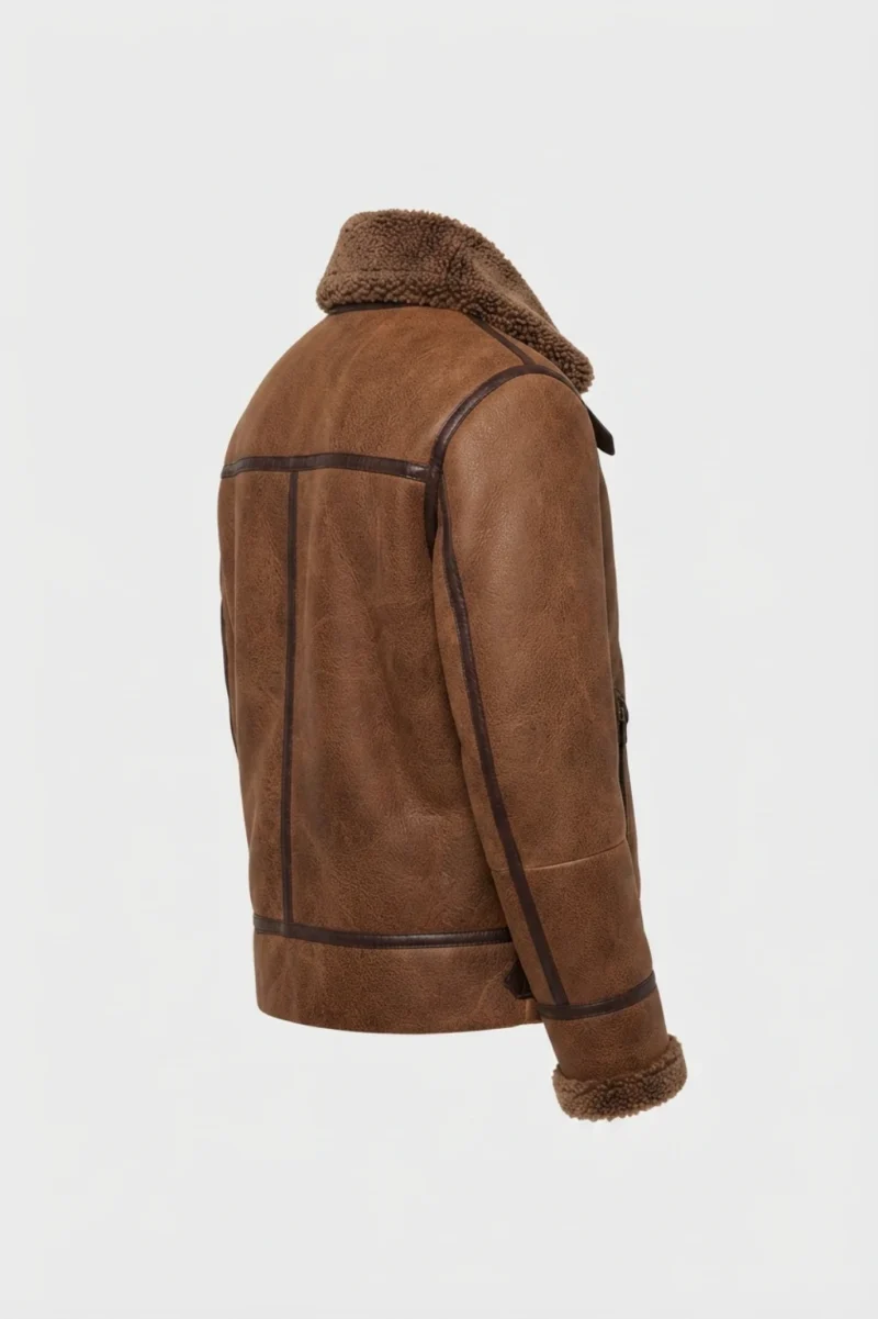 Mens Tan Brown Genuine Shearling Aviator Leather Jacket side