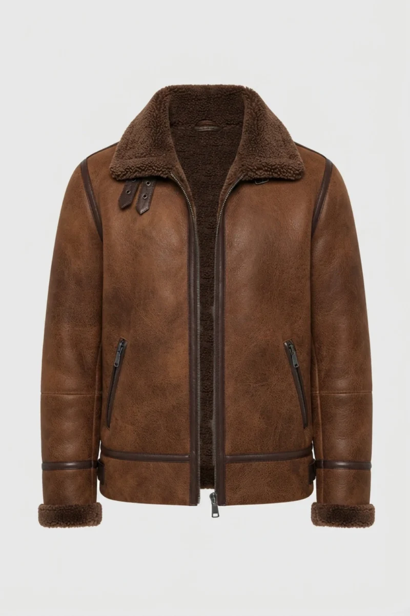 Mens Tan Brown Genuine Shearling Aviator Leather Jacket front