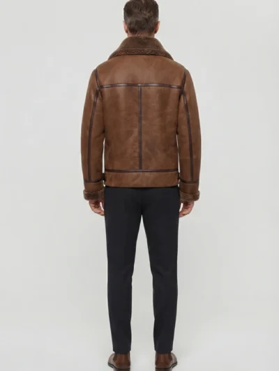 Mens Tan Brown Genuine Shearling Aviator Leather Jacket back