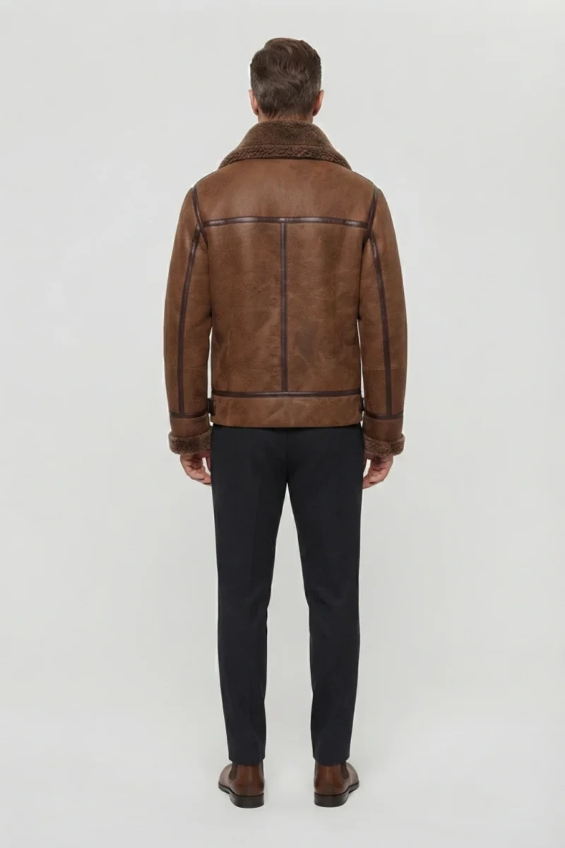 Mens Tan Brown Genuine Shearling Aviator Leather Jacket back