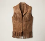 Mens Tan Leather Western Fringe Vest with Zip Front