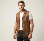 Mens Tan Leather Western Fringe Vest with Zip Front