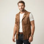 Mens Tan Leather Western Fringe Vest with Zip Front