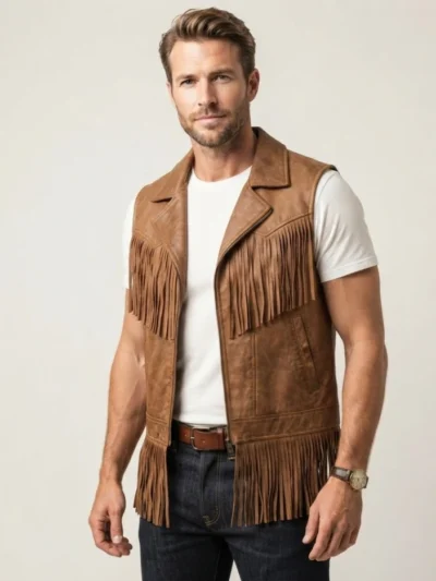 Mens Tan Leather Western Fringe Vest with Zip Front