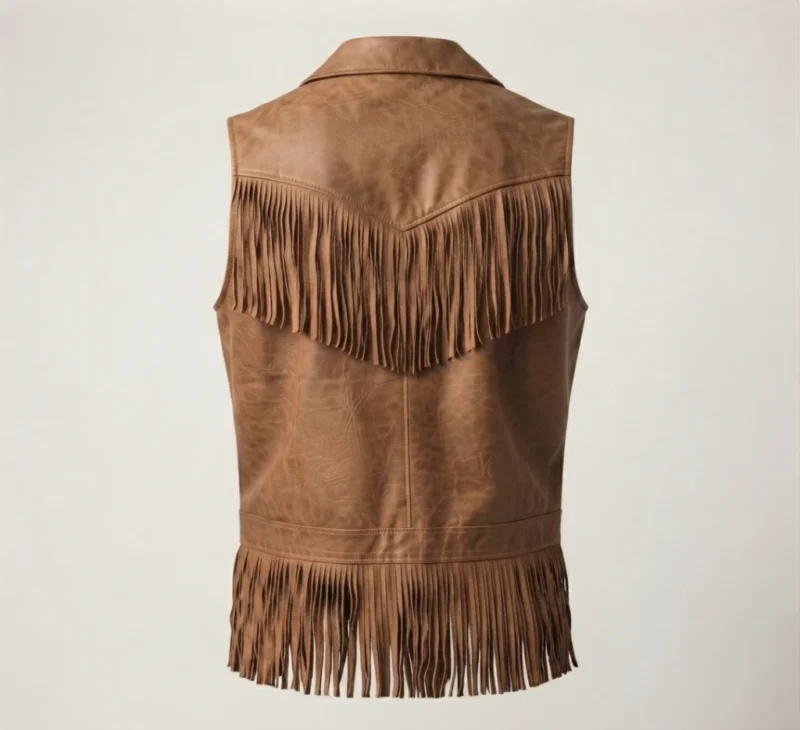 Mens Tan Leather Western Fringe Vest with Zip Front back side