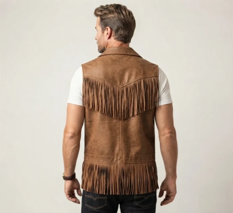 Mens Tan Leather Western Fringe Vest with Zip Front - Image 2