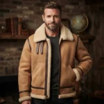 Men’s Tan Shearling Aviator Jacket with Shearling Collar