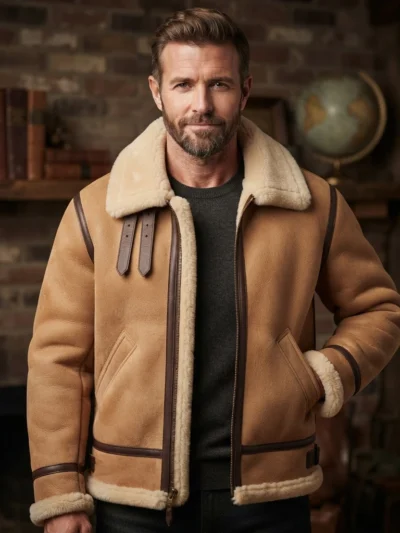 Men’s Tan Shearling Aviator Jacket with Shearling Collar